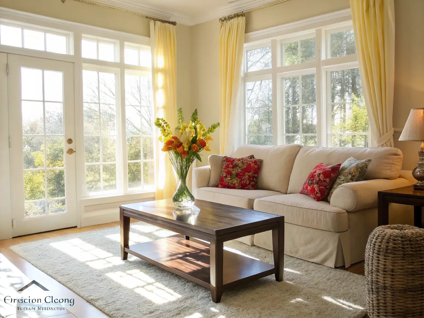 A brightly lit and spotless living room, showcasing the results of Cleanup Station LLC's regular cleaning service, with a focus on organization and cleanliness.