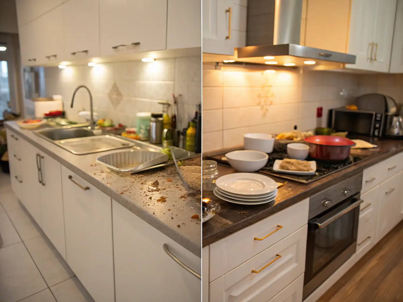 A before-and-after shot of a kitchen, demonstrating the effectiveness of Cleanup Station LLC's deep cleaning service, with sparkling surfaces and organized cabinets.