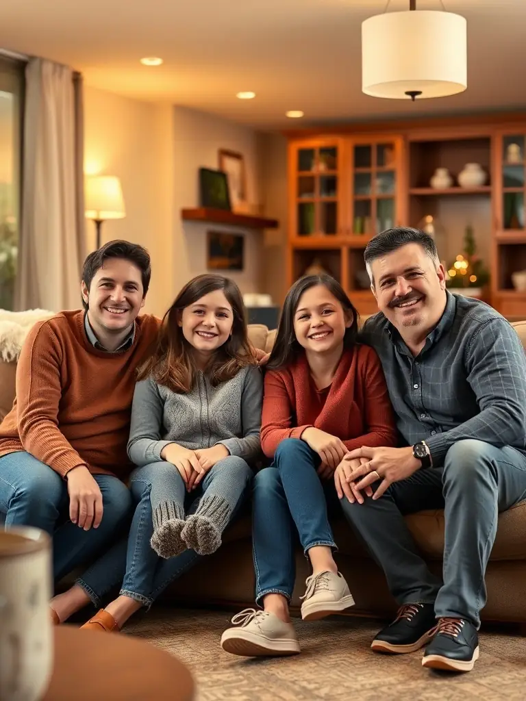 A happy family in a freshly cleaned home, emphasizing the joy and comfort that comes with a clean living environment. The image should convey a sense of well-being and satisfaction.